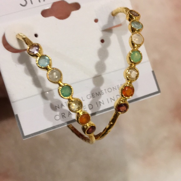 Shaanti Natural Gemstone Encrusted Hoop Earrings Gold Toned Alloy NWT 1.75” hoop - Picture 3 of 11